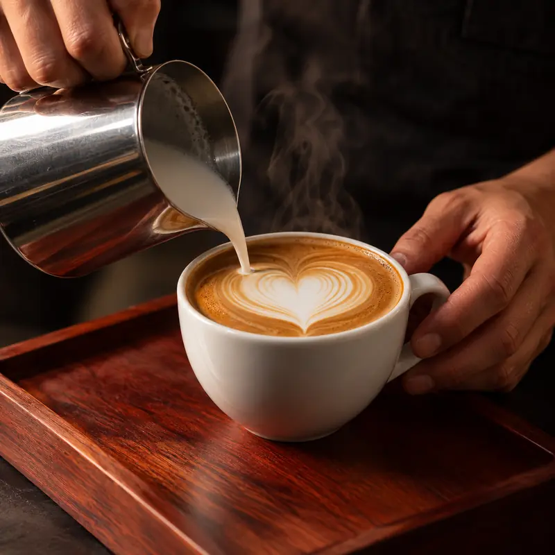 Du lait versé en forme de cœur sur un latte, dans une tasse blanche posée sur un plateau en bois